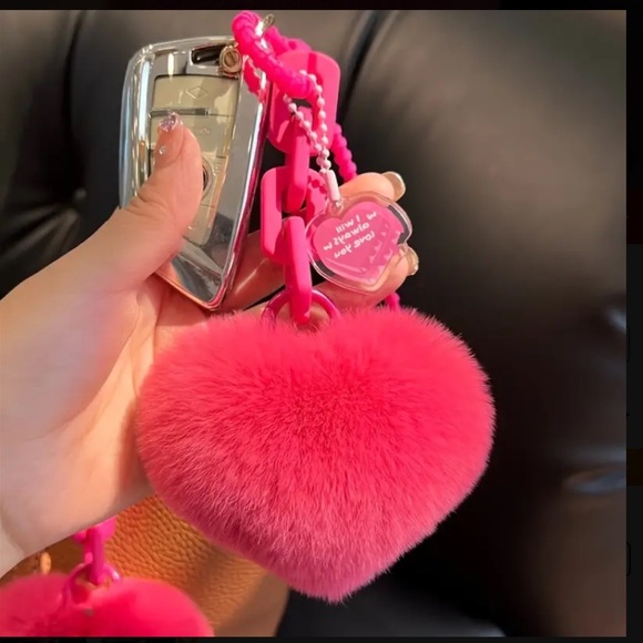 Pink Soft Plush Love Chain Keychain, Car Keychain and Bag Charm - Picture 2 of 4